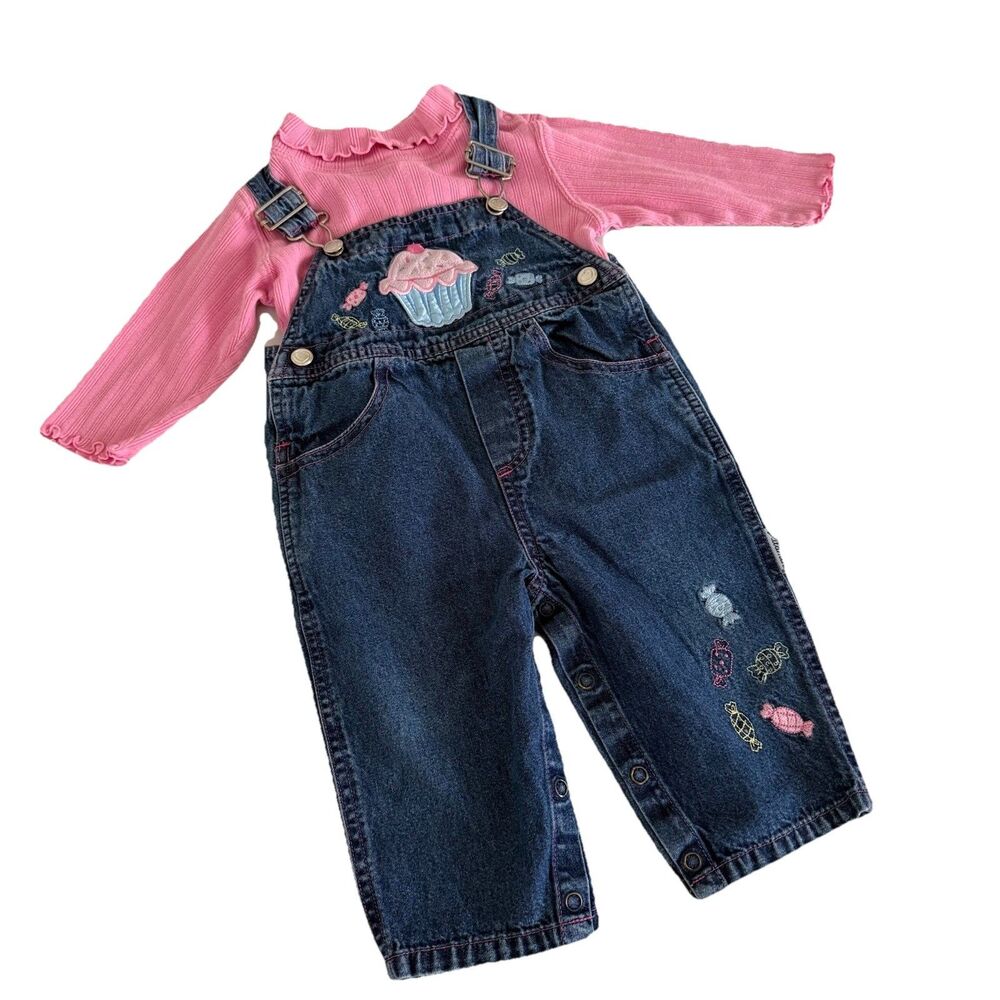 Vintage Vitamins Girls 12M Denim Overalls Set Cupcake Candy Embroidered READ